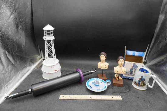 Lighthouse, Rolling Pin, Candlestick Holder, Petite Provence Figurines & Norman Rockwell Mug