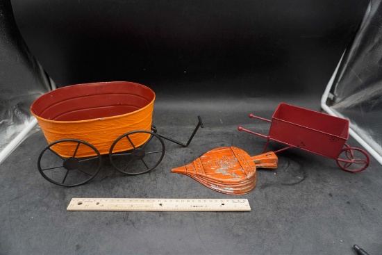 Orange Metal Cart, Red Metal Wheelbarrow & Wall Hanging Decorative Bellow