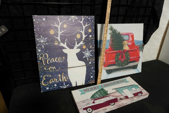 Wooden Deer Picture, Dog In Pickup Canvas Picture & Merry Christmas Canvas Picture