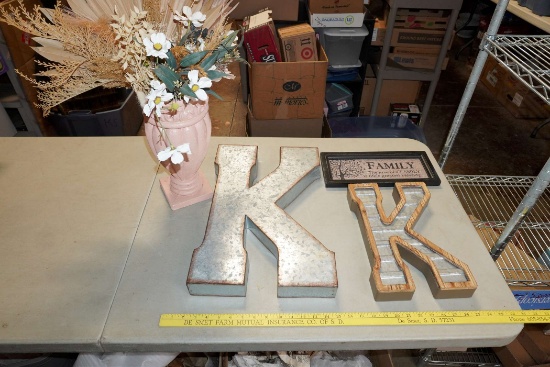 2 "K" Monograms, Family Sign & Pink Vase W/ Flowers
