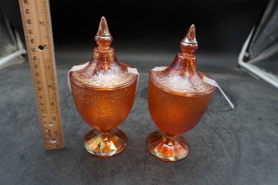 2 Marigold Carnival Glass Candy Dishes W/ Lids