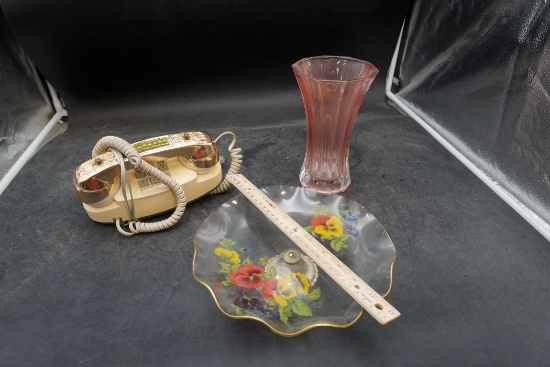 James Clark & Sons Glass Floral Compote, Pink Glass Vase & Phone