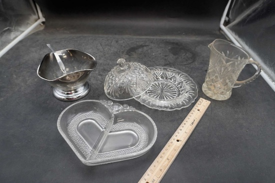 Glass Candy Dish, Heart Divided Dish, Glass Pitcher & Stainless Bowl