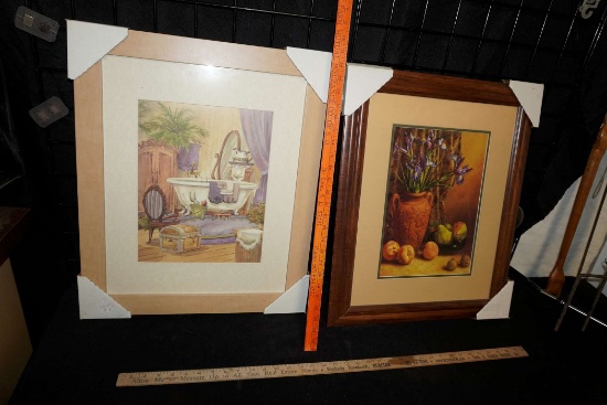 2 Framed Pictures - Bathtub & Floral W/ Fruit