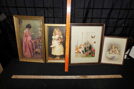 4 Framed Pictures, Woman, Child, Kittens & Angels