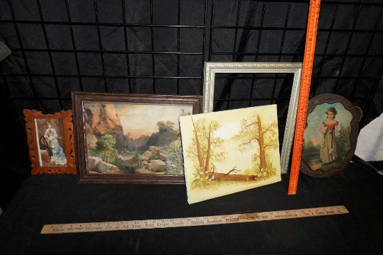 4 Framed Pictures (One Is Out Of Frame) - Woman, Rocky Landscape, Fallen Tree & Little Girl W/ Cat
