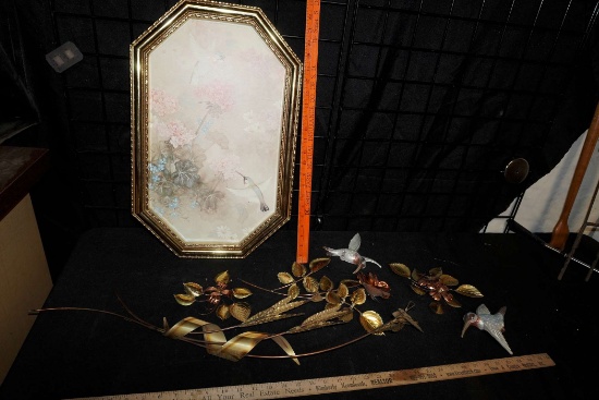 Metal Wall Art, Hummingbirds & Framed Floral Picture