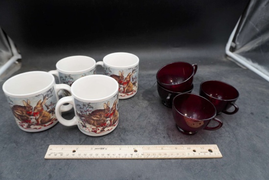 4 Rabbit Mugs & 4 Ruby Glass Cups