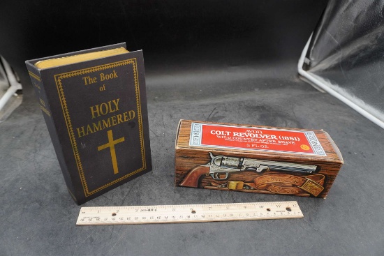 Avon Colt After Shave Decanter & The Book Of Holy Hammered Flask & Shot Glasses Set