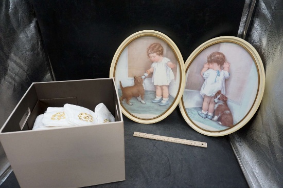Bin W/ Towels & 2 Pictures ("In Disgrace" & "The Reward")