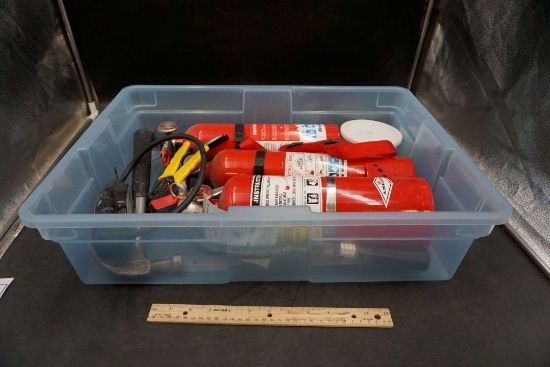Blue Plastic Bin W/ Fire Extinguishers, Hammer & Other Tools