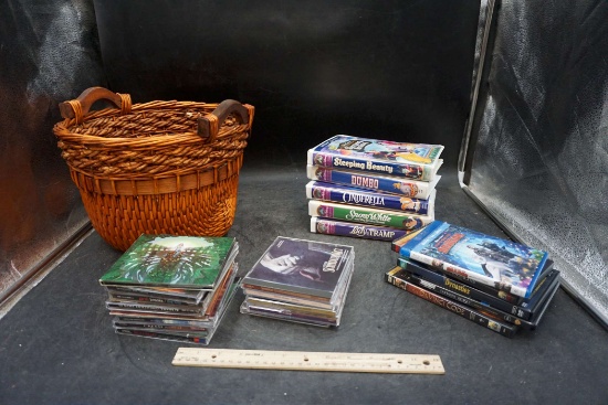 Basket W/ Cds, Dvds & Vhs Tapes