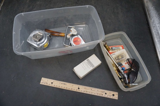 Plastic Containers (2) W/ Tape Measures, Tape Measure, Sunglasses, Tire Tool