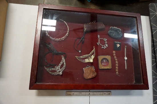 Display Case W/ Masks, Tiaras, Coin Purses, Bracelets & Watch