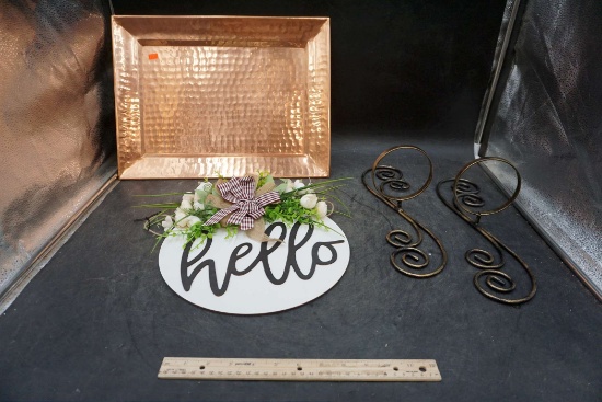 Copper Tray, Round Hello Sign & 2 Metal Wall Decor Pieces