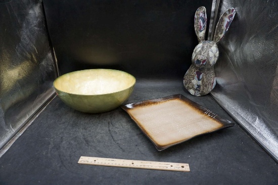 Bunny Head, Karen Neuburger Tray & Green Bowl