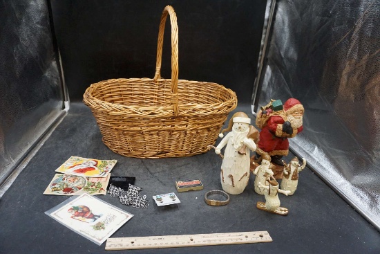 Basket W/ Snowman Ornaments, Santa Figurine, Earrings, Watch & Christmas Pictures
