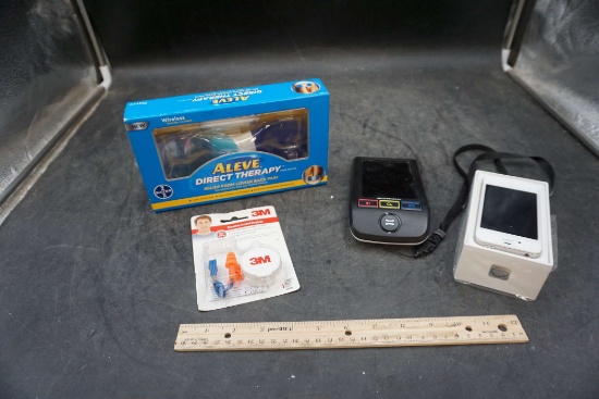Aleve Direct Therapy, Earplugs, Eschenbach Magnifier & Iphone 4S