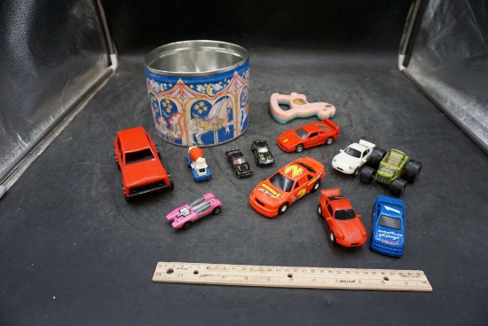 Tin Bucket, Horse Rattle & Toy Vehicles