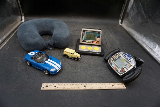 Neck Pillow, Toy Cars & 2 Handheld Games (Nascar & Football)
