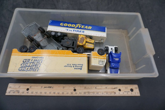 Plastic Container W/ Toy Trucks & Trailers