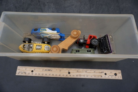 Plastic Container W/ Toy Vehicles, Tractor & Tanks