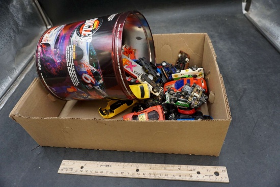 Tin Container W/ Assorted Toy Vehicles
