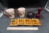 Pier 1 Mugs, Small Glass Basket, Coaster & Ruffle Vase
