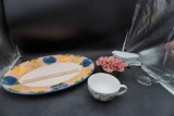 Platter (Portugal), Glass Gravy Boat (Anchor Hocking), Paris Mug (222 Fifth), Ruffle Bowl (East Texa