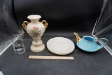 Fire-King Plates, Blue & Gold Teapot, Decorative Floral Vase & Super Bowl Glass