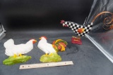Checkered Rooster Figurine & 2 Hen Wall Hanging Decor Pieces