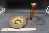 Amber Colored Vase (W/ Honeycomb Design) & Seaworld Plaque