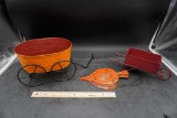 Orange Metal Cart, Red Metal Wheelbarrow & Wall Hanging Decorative Bellow