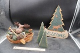 Northwoods Decor - Moose In Canoe, Trees & Welcome Sign