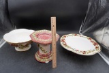Waterford Cake Stand & Holiday Bowl, Fitz And Floyd Candle Holder (Chipped On Base)