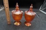 2 Marigold Carnival Glass Candy Dishes W/ Lids