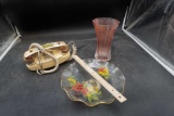 James Clark & Sons Glass Floral Compote, Pink Glass Vase & Phone