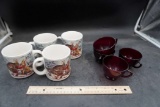 4 Rabbit Mugs & 4 Ruby Glass Cups