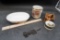 Lizard Figure, Baking Dish, Union K Mug, Golden Peacock Cream Container