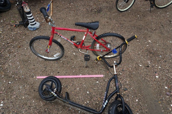 Red Child'S Bike & Black Scooter