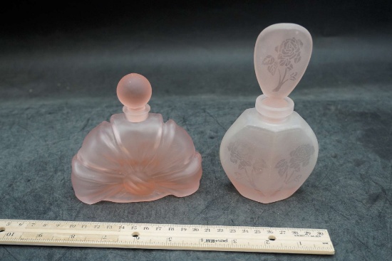 2 - Frosted Pink Glass Perfume Bottles