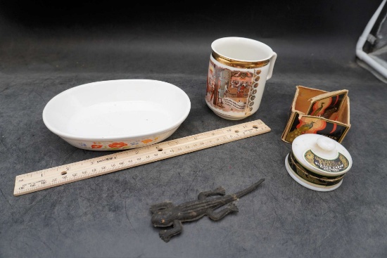 Lizard Figure, Baking Dish, Union K Mug, Golden Peacock Cream Container