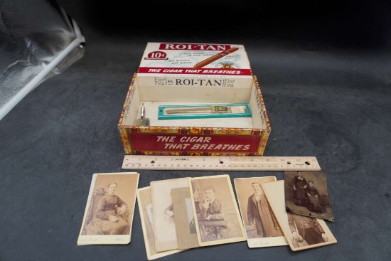 Roi-Tan Cigar Box W/ Old Family Photos & Watch Band