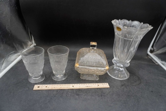 Glasses, Glass Candy Dish & Block Crystal Vase