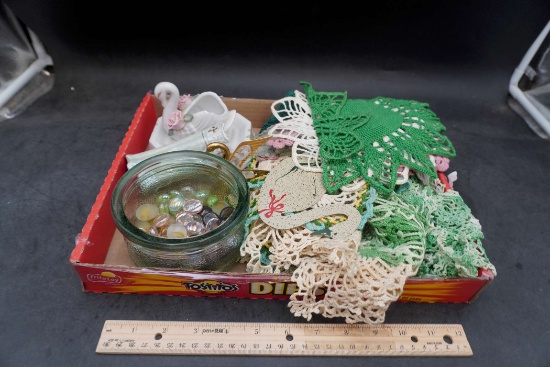 Doilies, Glass Container & Figurines