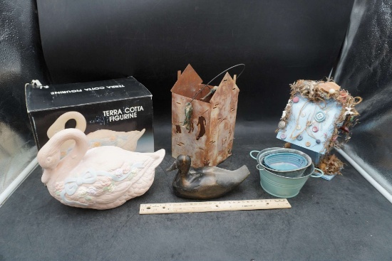 Terra Cotta Figurine, Duck, Buckets, Bird House, Metal House Basket