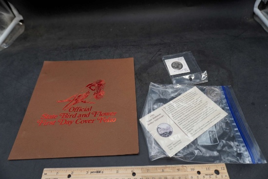 1982 S.D. Stamp First Day Of Issue, '91 Mt. Rushmore Gold Anniversary Coin & 2006-P Unc. S.D. Quarte