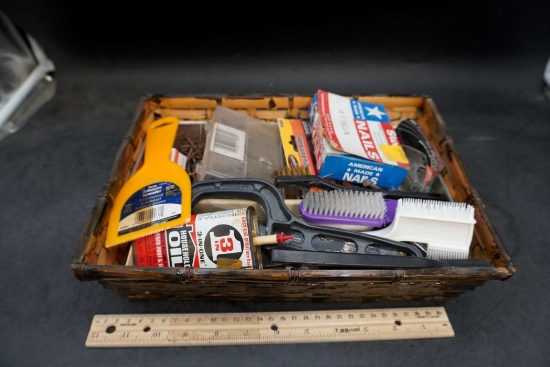 Basket W/ Oil, Brushes, Nails, Hardware, Adhesive Spreader