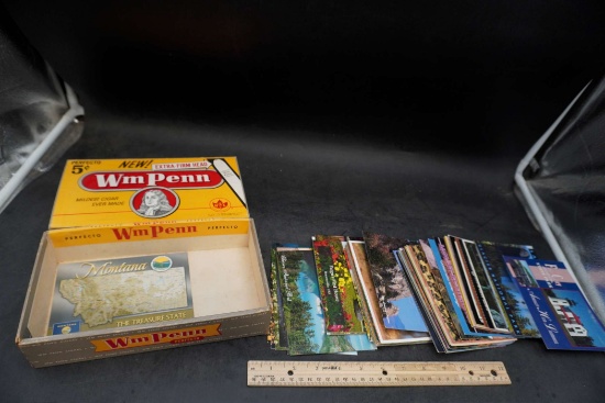 Wm Penn Cigar Box W/ Travel Postcards