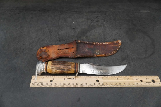 Knife W/ Stag Antler (Real?) Handle & Leather Sheath